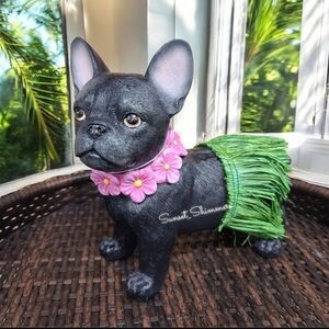 Frenchie French Bulldog Hawaiian Lei Flowers & Grass Hula Skirt Figure Decor NEW